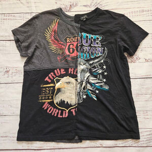 True Religion Biker Americana Pieced Together Patchwork Graphic T-Shirt Womens M